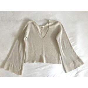 Free People Beige Ribbed V Neck Bell Sleeve Cropped Sweater Top‎ Women's Size M